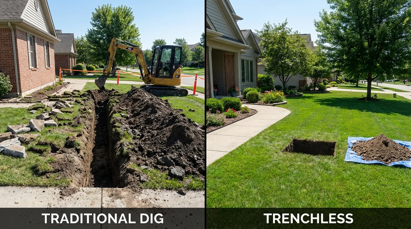 Trenchless sewer repair with minimal yard damage versus traditional excavation in Sidney, IL